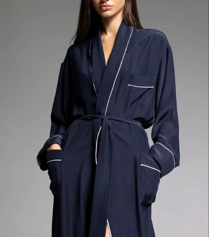 women's pajamas with a cozy, warm feelTHE ROBE - Navy Blue with White Piping