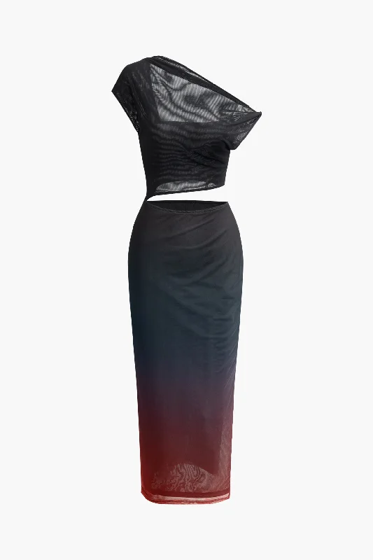 Women's Cap-Sleeve DressesOmbre Cut Out Asymmetrical Mesh Slit Midi Dress