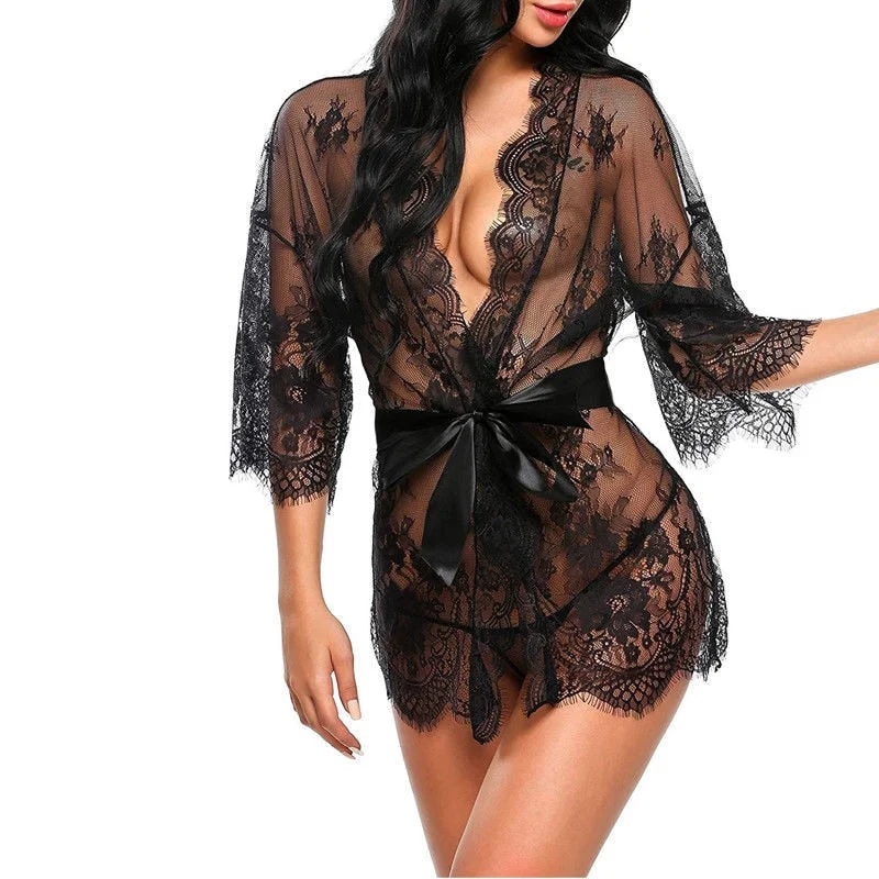 plus-size wireless racerback braHot Sale Fashion Lingerie transparent V-Neck Nightwear Porno Sexy Women Lace Babydoll Erotic Sleepwear Robe G-string Sex Costume