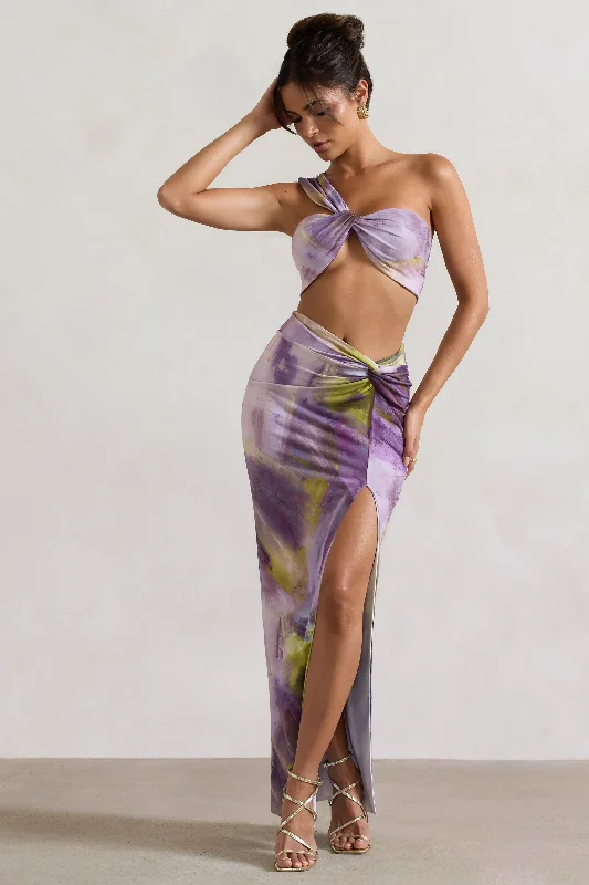 Women's Warm SkirtsTender Kiss | Lilac Print Knot Split Maxi Skirt