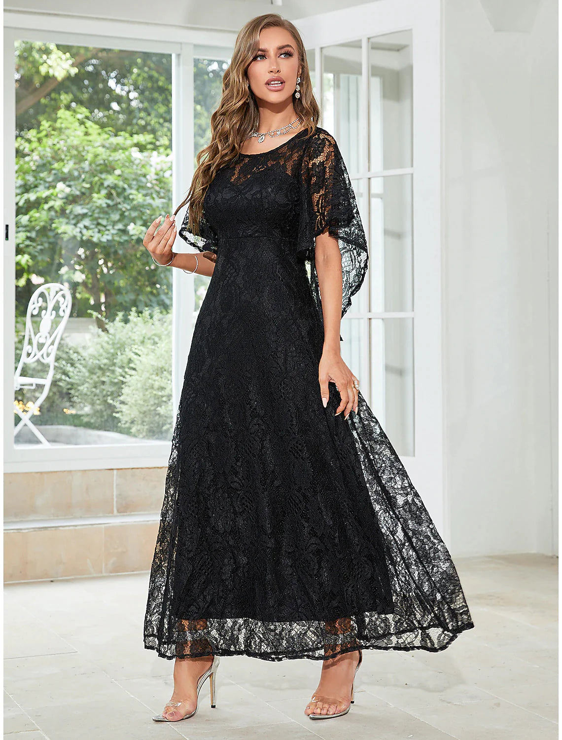 Women's Empire Waist DressesA-Line Wedding Guest Dresses Elegant Dress Party Wear Ankle Length Half Sleeve Jewel Neck Lace with Ruffles Appliques