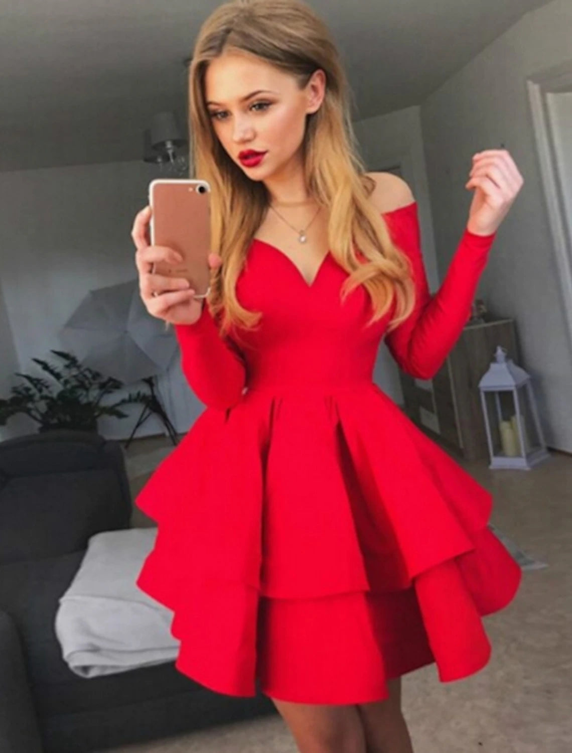 Women's Lapel Collar DressesA-line Ruched Homecming Dresses Black Red White Long Sleeve Layered Tiered Short Dress Spring Summer Off Shoulder Hot Cocktail Party