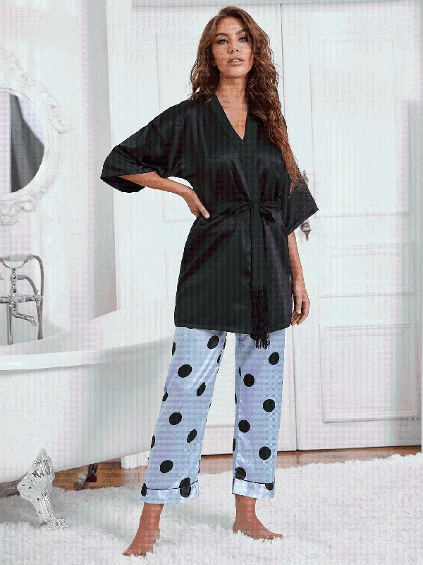 women's pajamas designed for those who believe in sweet dreams and cozy nights.Cami, Robe, and Printed Pants Pajama Set