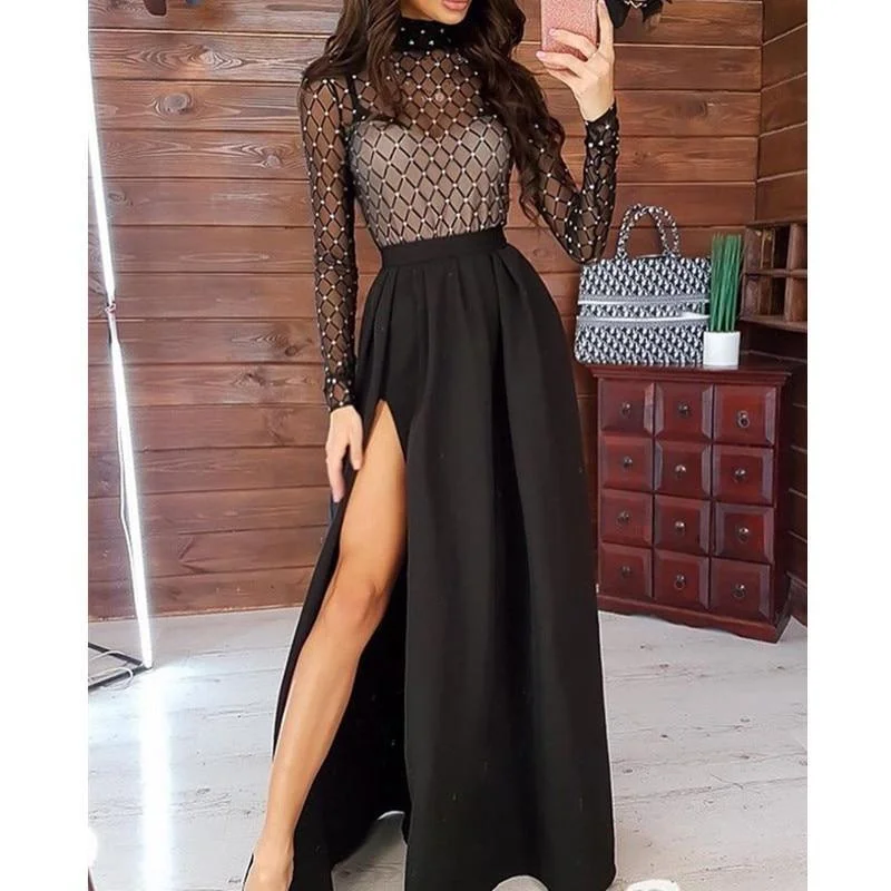 Women's Asymmetrical DressesFashionSierra - Long Sleeve Stamping Mock Neck Plaid Sheer Mesh Maxi Dress