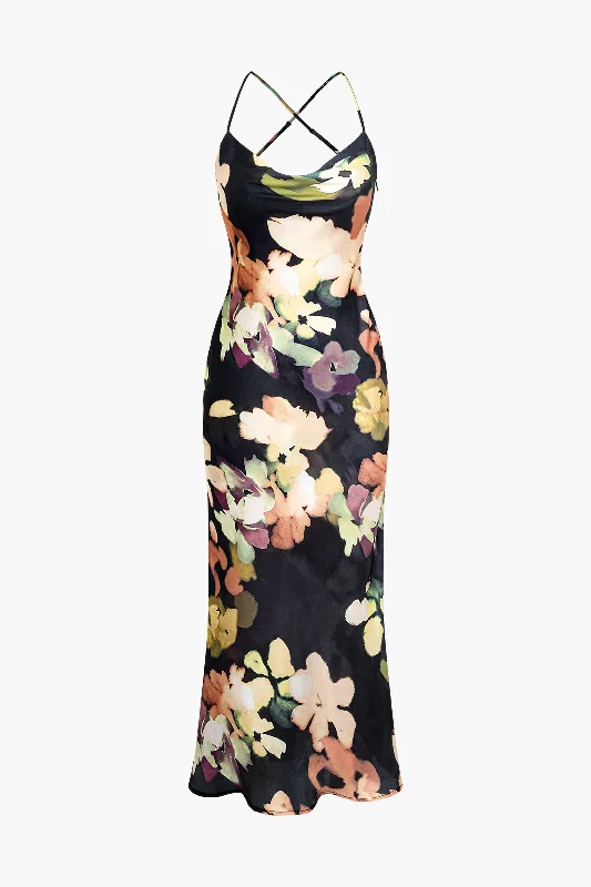 Women's Narrow Collar DressesFloral Print Halter Midi Dress