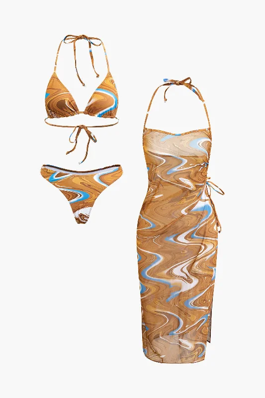 Women's Empire Waist DressesAbstract Print Tie Halter Bikini And Slit Midi Dress Swimsuit Set