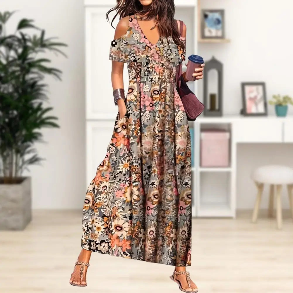 Women's Shirt Collar DressesFashionSierra - 2024 Flower Print Hollow Out Pleated Maxi Boho Dress