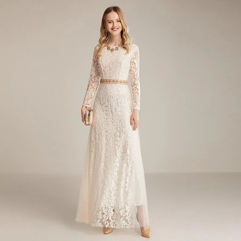 Women's Narrow Collar DressesFashionSierra - Long Sleeves Embroidery Lace Beaded Waist Elegant Fahion Maxi Dress