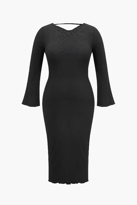 Women's Keyhole Collar DressesPlus Size Solid Knit Backless Tie Back Midi Dress