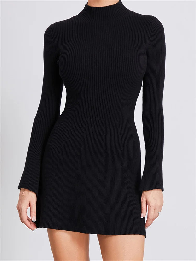  Women's A-Line DressesFashionSierra - Knitted Ribbed Long Sleeve High Neck Slim Fit Mini Dress