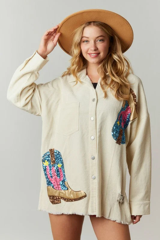 Women's Jumpsuits with Peter Pan CollarShimmering Cowgirl Ivory Corduroy Shacket