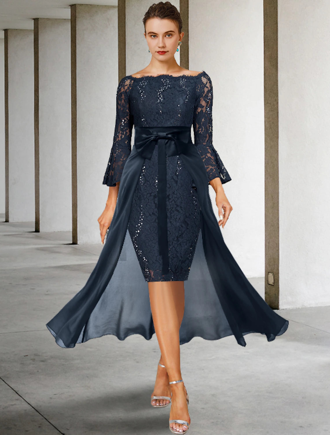 Women's Narrow Collar DressesFormal Wedding Guest Elegant Party Off Shoulder Knee Length Chiffon Lace Imitated Silk 3/4 Length Sleeve with Bow(s) Mother of the Bride Dress