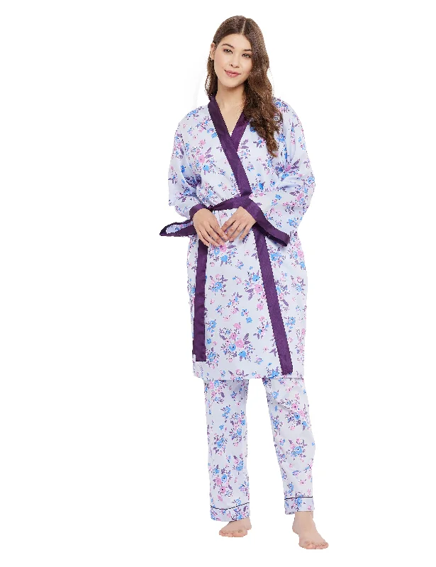 women's pajamas with a touch of luxuryCotton Satin Printed Robe Top Pyjama Set of 3