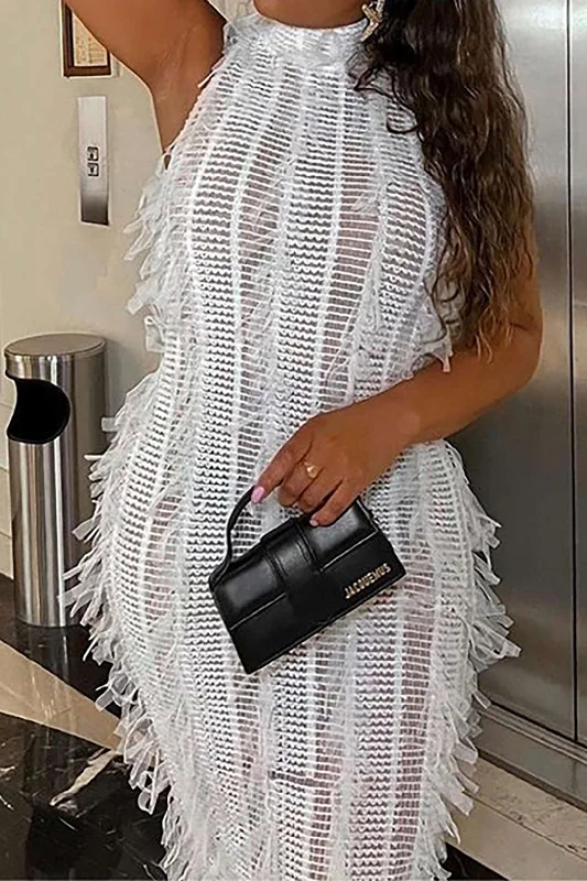 Women's Sweetheart-Neck DressesFringe Mesh Mock Neck Midi Dress