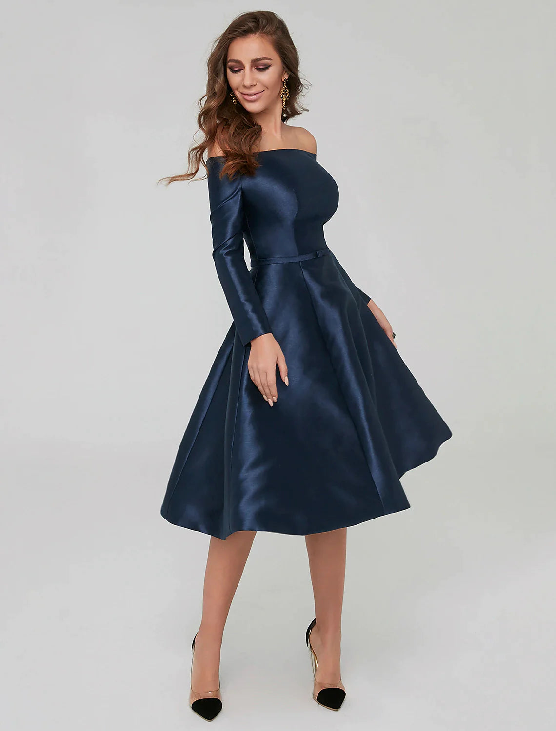 Women's Wide Collar DressesA-Line Special Occasion Dresses Party Dress Wedding Guest Knee Length Long Sleeve Off Shoulder Satin with Pleat