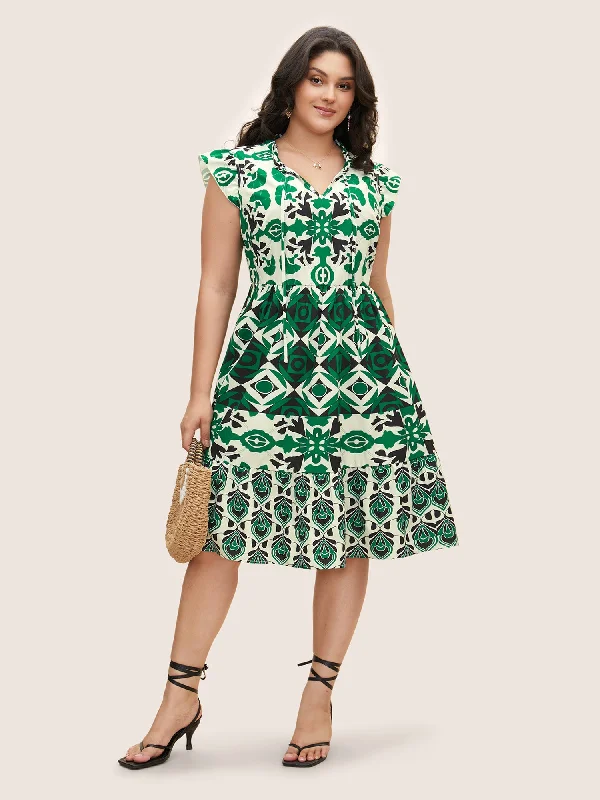 Women's Cap-Sleeve DressesBoho Print Tie Knot Ruffle Cap Sleeve Dress