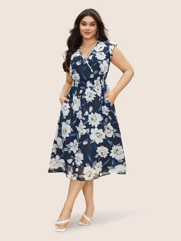 Women's Low Collar DressesChiffon Floral Ruffle Cap Sleeve Dress