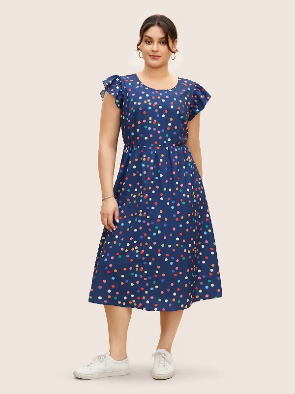 Women's Low Collar DressesColored Polka Dot Tie Knot Ruffle Cap Sleeve Dress