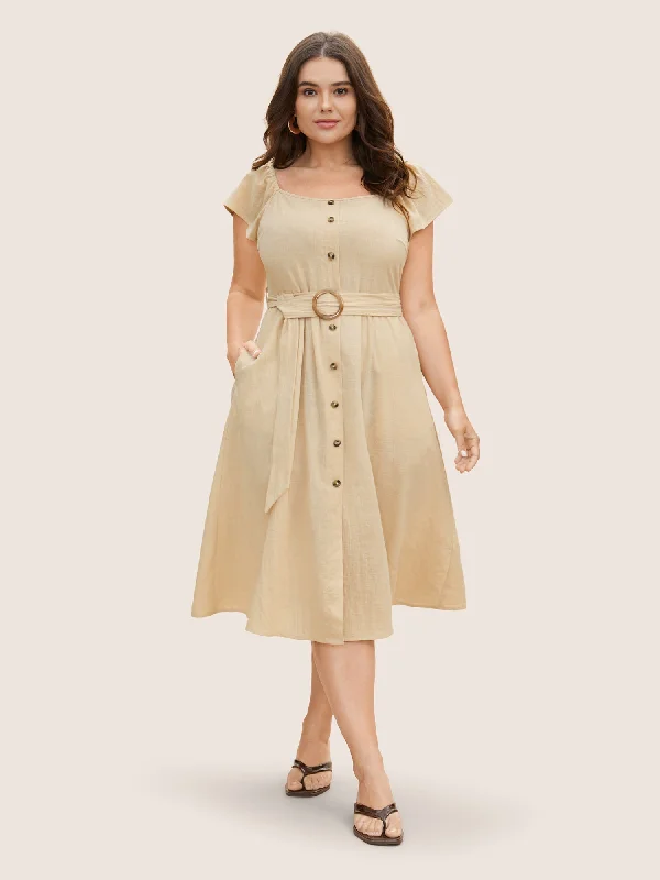 Women's Mandarin Collar DressesCotton Solid Buckle Detail Ruffle Cap Sleeve Dress