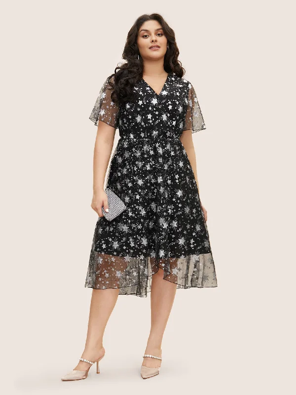 Women's Mandarin Collar DressesGlitter Star Mesh Patchwork Ruffle Sleeve Dress