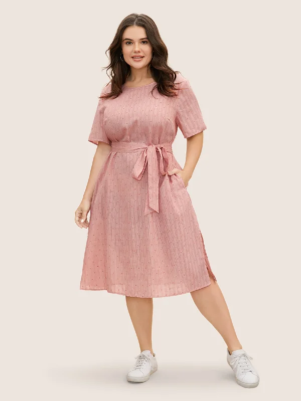 Women's Sweetheart-Neck DressesPolka Dot Jacquard Split Hem Belted Dress