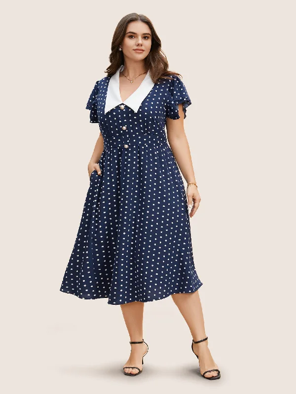 Women's Sweetheart-Back DressesPolka Dot Ruffle Cap Sleeve Button Detail Dress