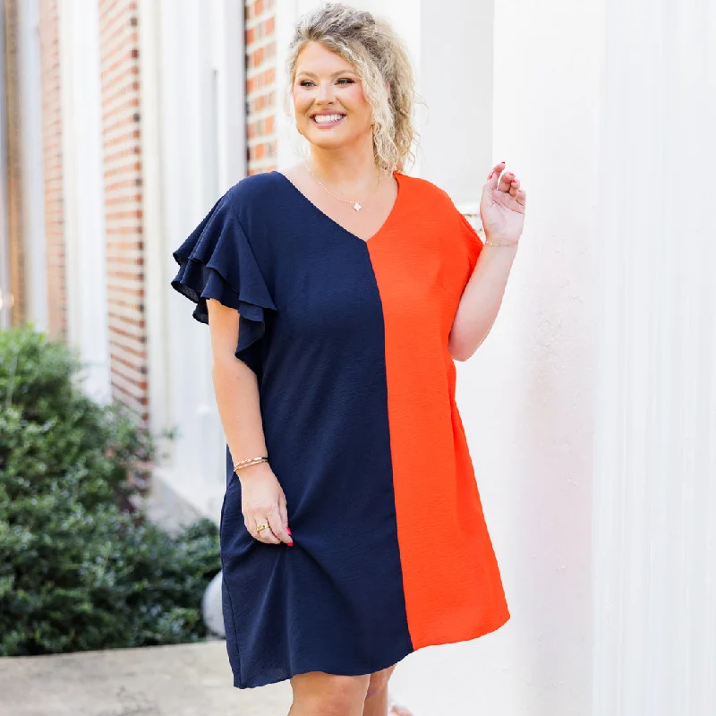 Women's Collarless DressesSaturday Best Dress, Navy-Orange