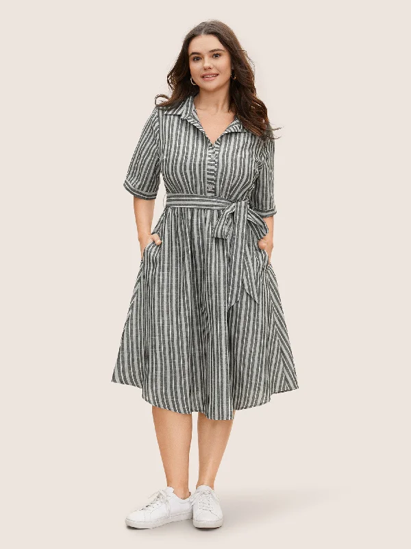 Women's Narrow Collar DressesShirt Collar Striped Button Up Belted Dress