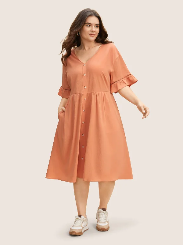 Women's Round-Neck DressesSolid Button Detail Cut Out Ruffle Sleeve Dress