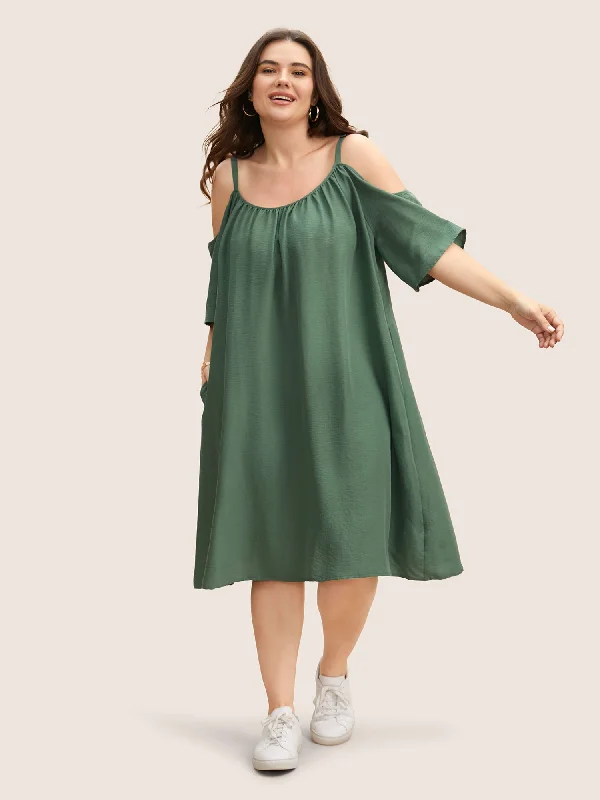 Women's Gathered DressesSolid Textured Dolman Sleeve Loose Fit Dress