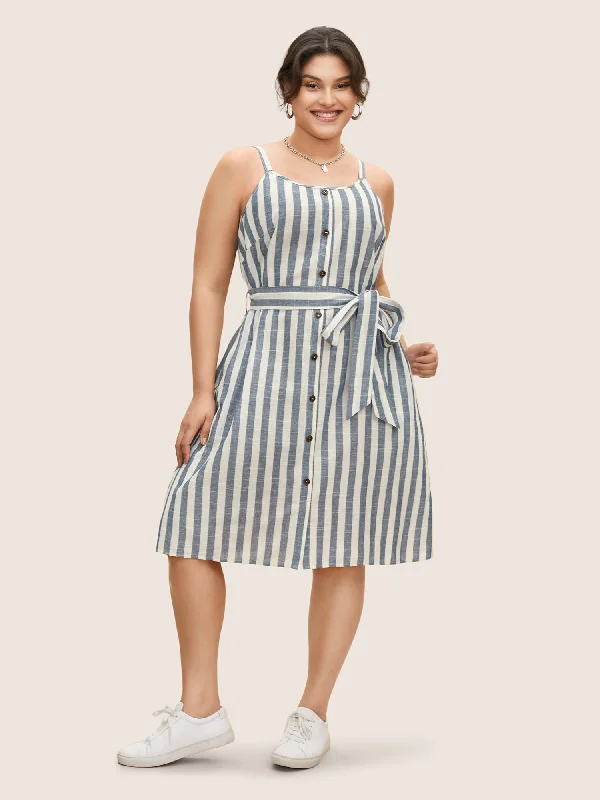 Women's U-Shaped Collar DressesStriped Button Detail Belted Cami Dress