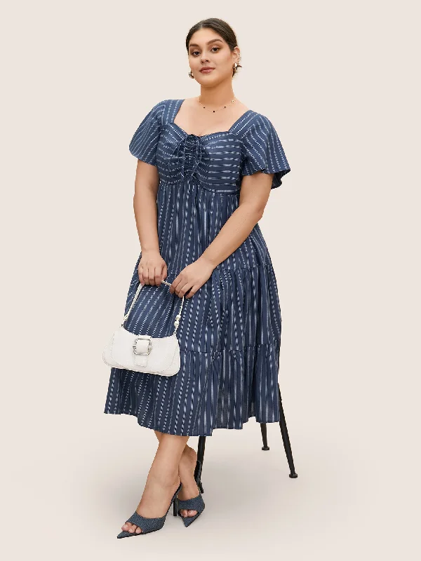 Women's Off-Shoulder DressesStriped Drawstring Gathered Ruffle Sleeve Dress