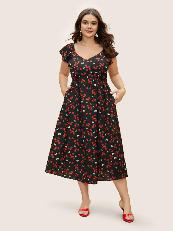 Women's Low-Neck DressesTomato Print Heart Neckline Ruffle Cap Sleeve Dress