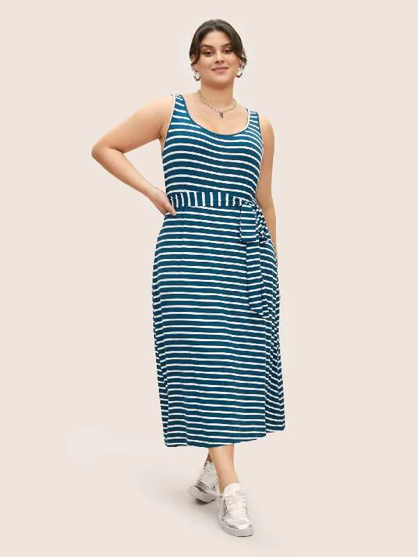 Women's Strapless DressesU Neck Striped Belted Tank Dress