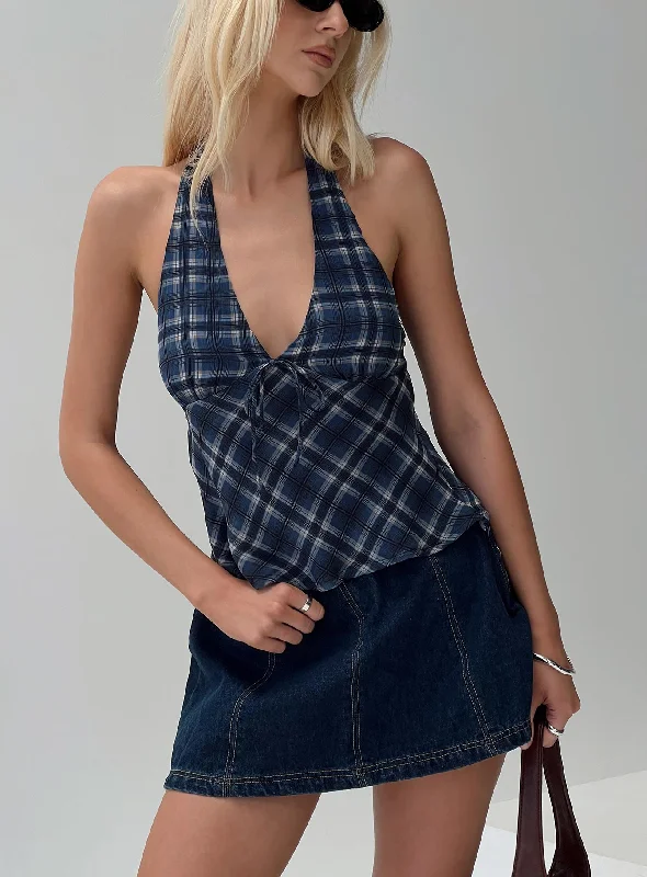 Women's Blouse with U-Shaped CollarAmalthea Top Blue Check