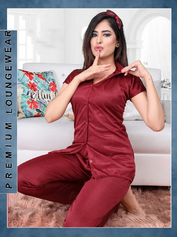 women's pajamas with pockets on legsMaroon Satin Night Suit Wear Set for Ladies