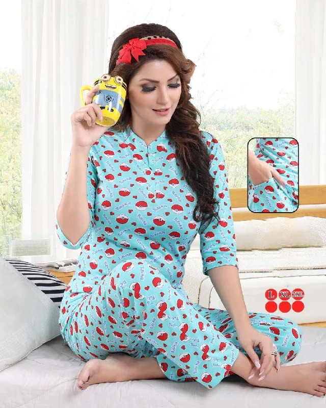 women's pajamas with cozy footiesPrinted Stylish Nightwear Cotton Pajama Set Light Blue