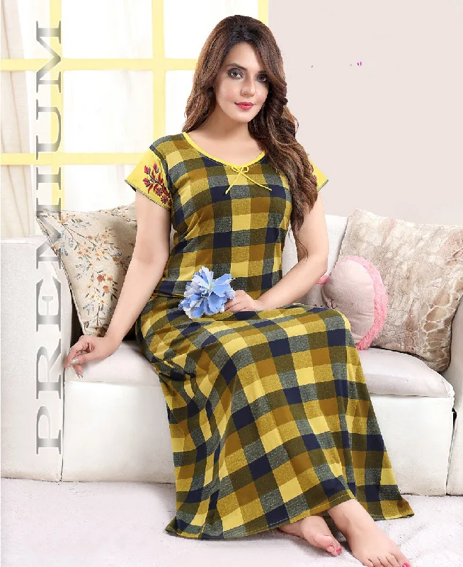 women's pajamas for bed and breakfast staysFancy Yellow Printed cotton hosiery nighty Gown for Women