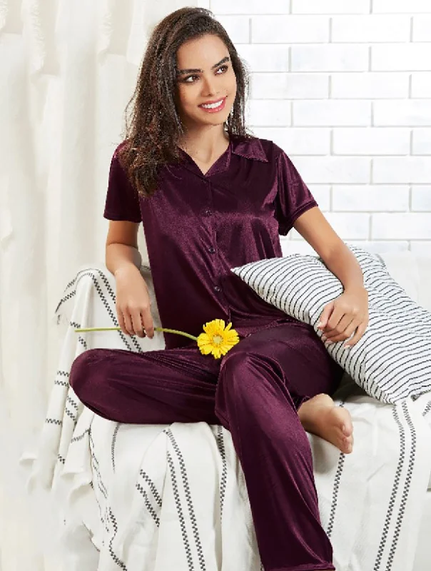 women's pajamas for a relaxing weekendPurple Satin Night suits Pajamas Set for Ladies