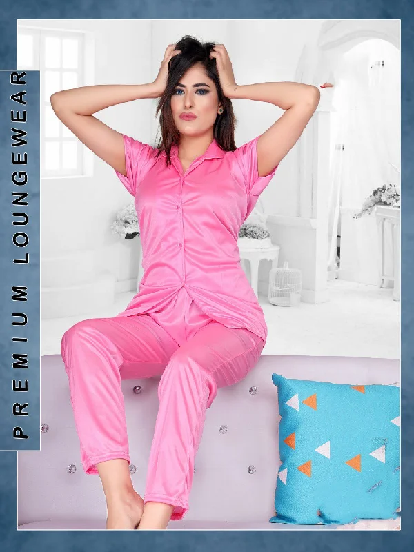 women's pajamas designed for sleepPink Night Dress Satin Pyjama Set For Ladies