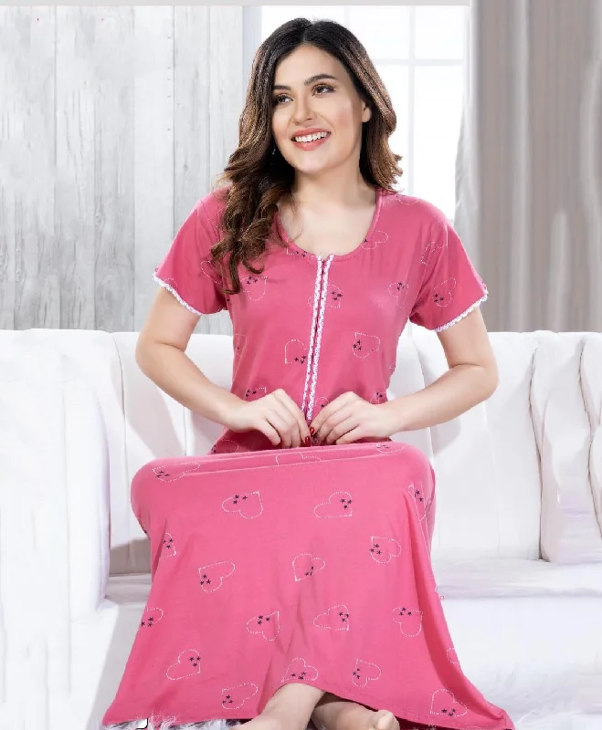 women's pajamas with adjustable waistbandsLong Cotton Pink Nighty Dress for Ladies